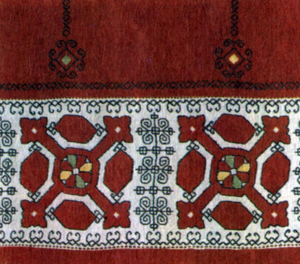 Таблица 8. Салфетка 'Поволжье'. Ткань - редина (флагтух, лен); нитки - мулине; техника вышивки - косая стежка, роспись