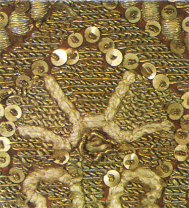 Gold embroidery worked in buttonhole stitch imitating 'axamite' fabric. Detail of an embroidery. 17th century