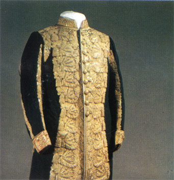 Gold embroidery worked with gold threads. Court-dress coat of a high chamberlain of 1 rank, made of black cloth. Late 19th century