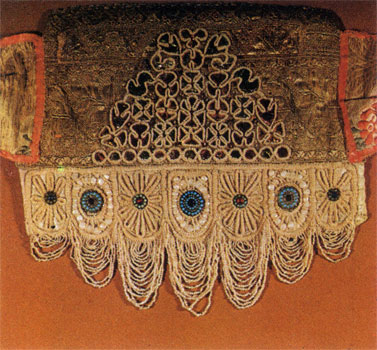 Embroidery worked in river pearls, spangles, mother-of-pearls, glass sockets, plates with turquois and trimming on cord and foil. Headband. First half; 19th century