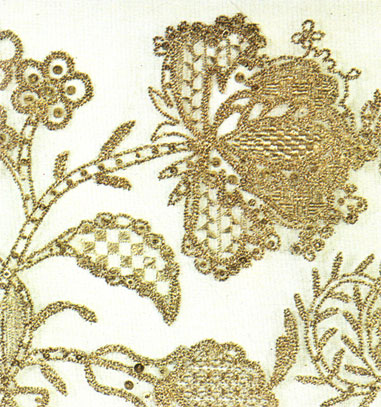 Embroidery worked with gold thread in chain stitch. Detail of a veil. Late 18th - early 19th centuries