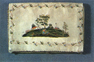 Embroidery worked in coloured satin stitch with silks and spangles on white satin. Wallet. Late 18th - early 19th centuries
