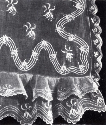Embroidery worked with white cotton thread in satin stitch on canvas. Detail of a woman's jacket. Mid-19th century