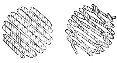 Рис. 8. Слева - лицевая сторона гладьевой вышивки (видна только игольная нитка), справа - изнаночная сторона вышивки гладью (перекрещивание игольной и челночных ниток)