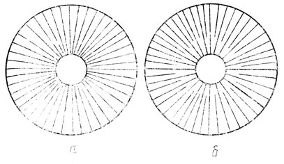 Рис. 56. Показ прокладывания стежков с перфорацией ткани в центре круга и без перфорации