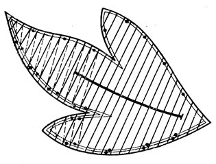 Рис. 7. Расположение гладьевых стежков (пунктирные линии) на трехлепестковом листе с подкладочными швами